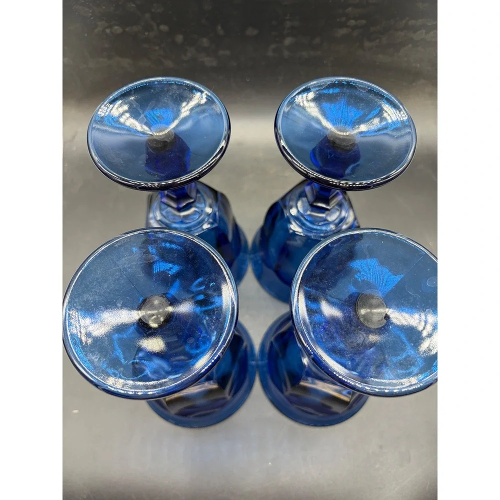 Vintage Cobalt Blue Glass Water Goblets Set of 4 Paneled Stemware 7 Inch